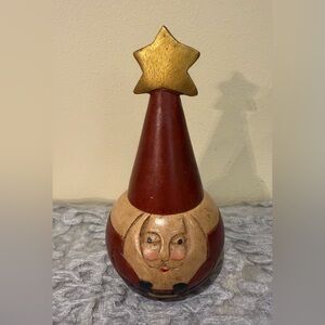 Vintage Folk Art Hand Carved Wooden Santa Claus Lidded Bowl